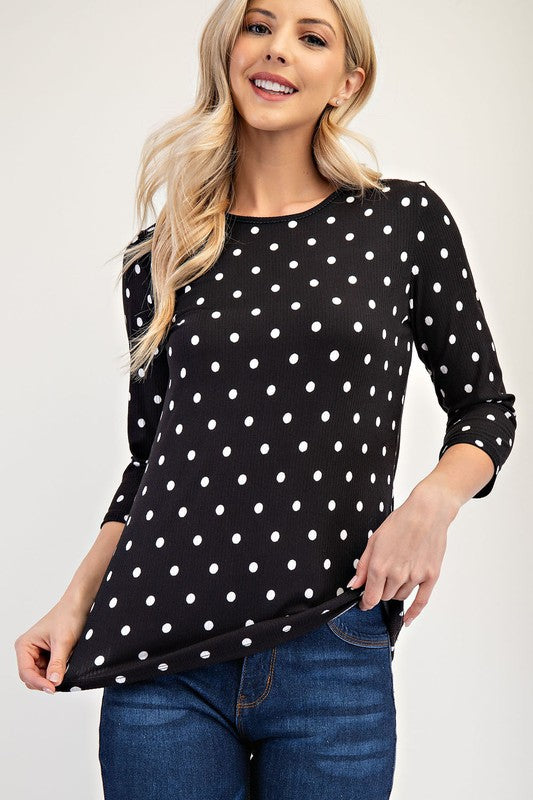 Polka Dot Round Neck Three-Quarter Sleeve T-Shirt