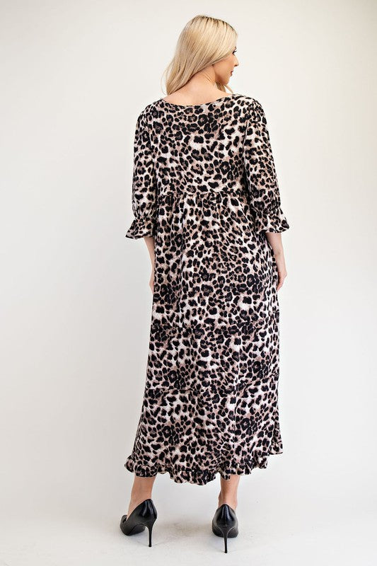 Whimsy Full Size Leopard Round Neck Flounce Sleeve Dress