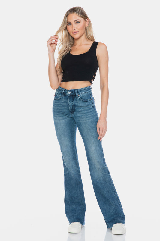 Sans Full Size Tummy Control Cut Hem Flare Jeans