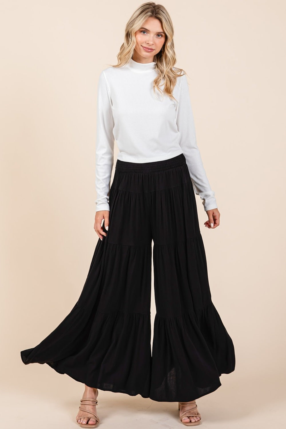 Seraphina Tier Detail Smocked Elastic Waist Wide Leg Pants