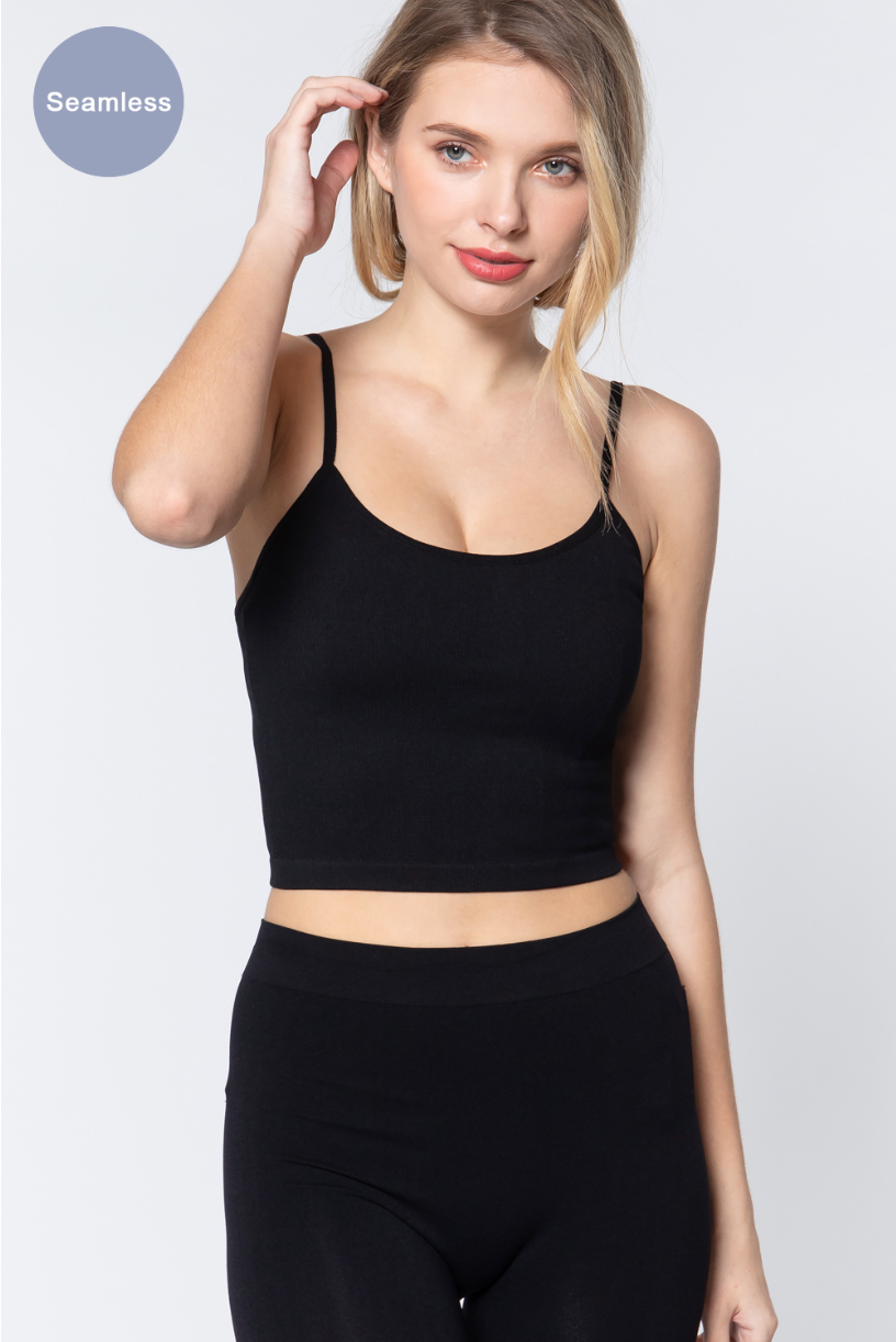 Black Round Neck Crop Rib Seamless Cami