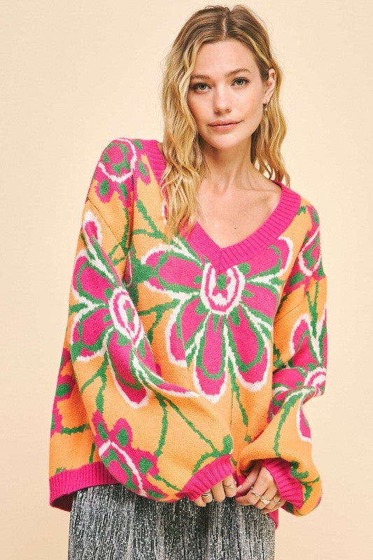 The Cozy Retreat Floral Contrast V-Neck Dropped Shoulder Sweater