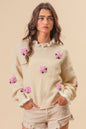 The Modern Weaver Ruffled Crochet Flower Dropped Shoulder Sweater