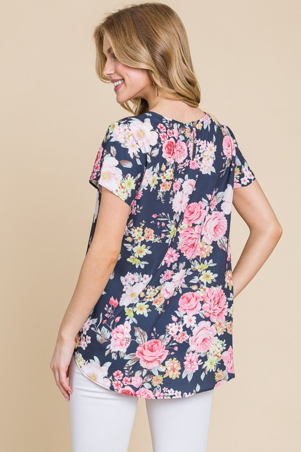 Crepe Contour Floral Round Neck Short Sleeve T-Shirt