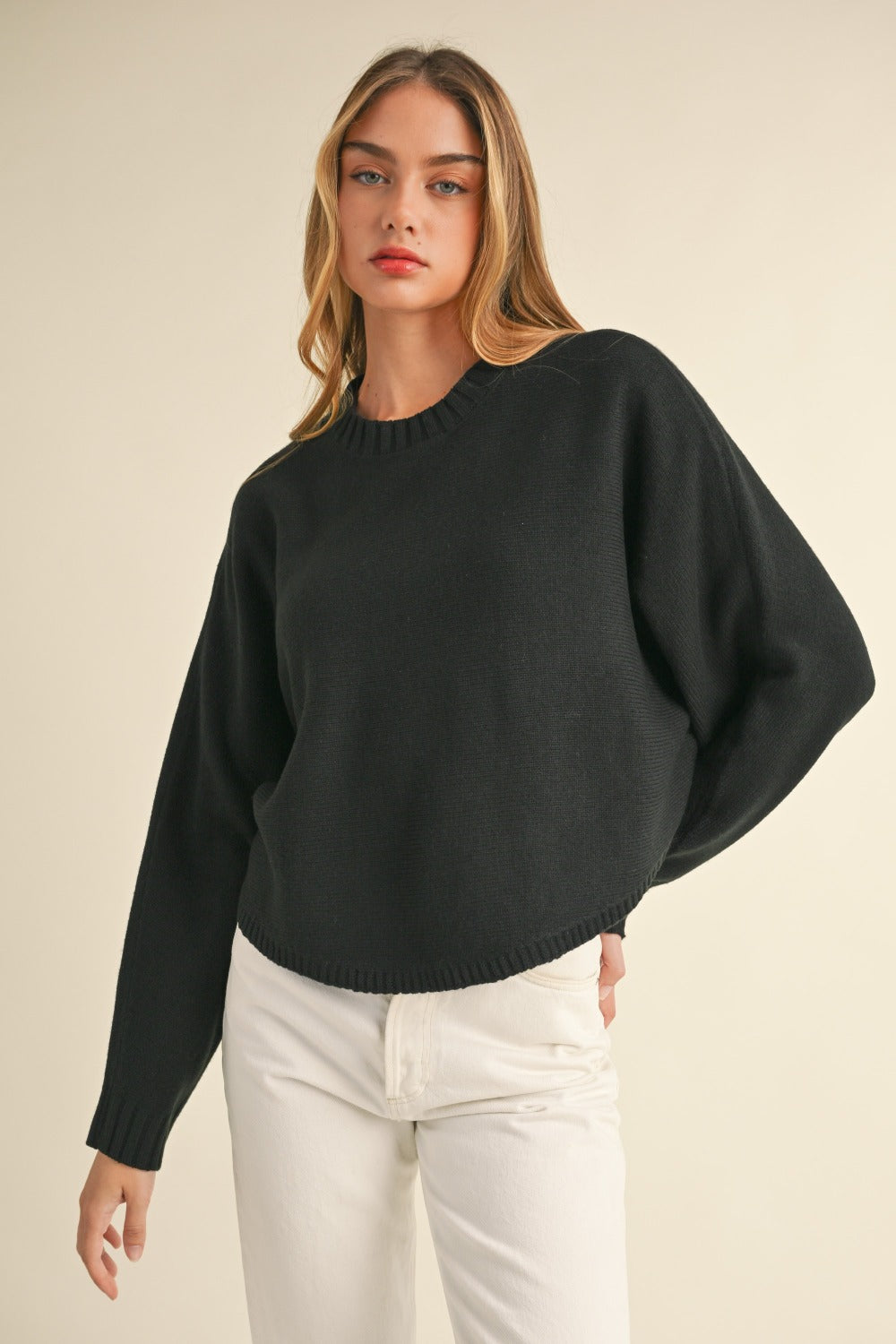 Sansplay Round Neck Dolman Sleeve Cropped Sweater