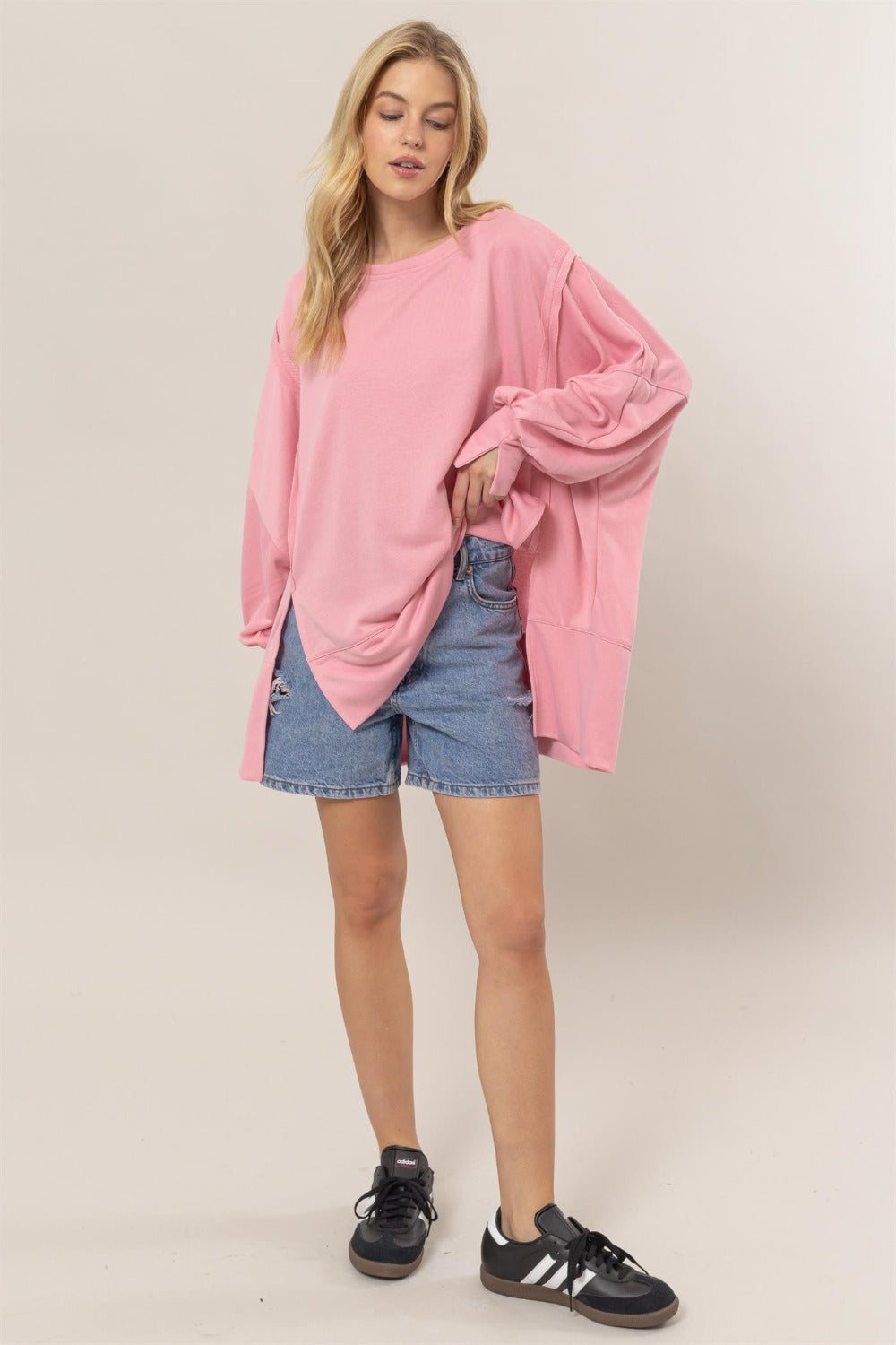 Moments of Bliss French Terry Long Sleeve High-Low Slit Sweatshirt