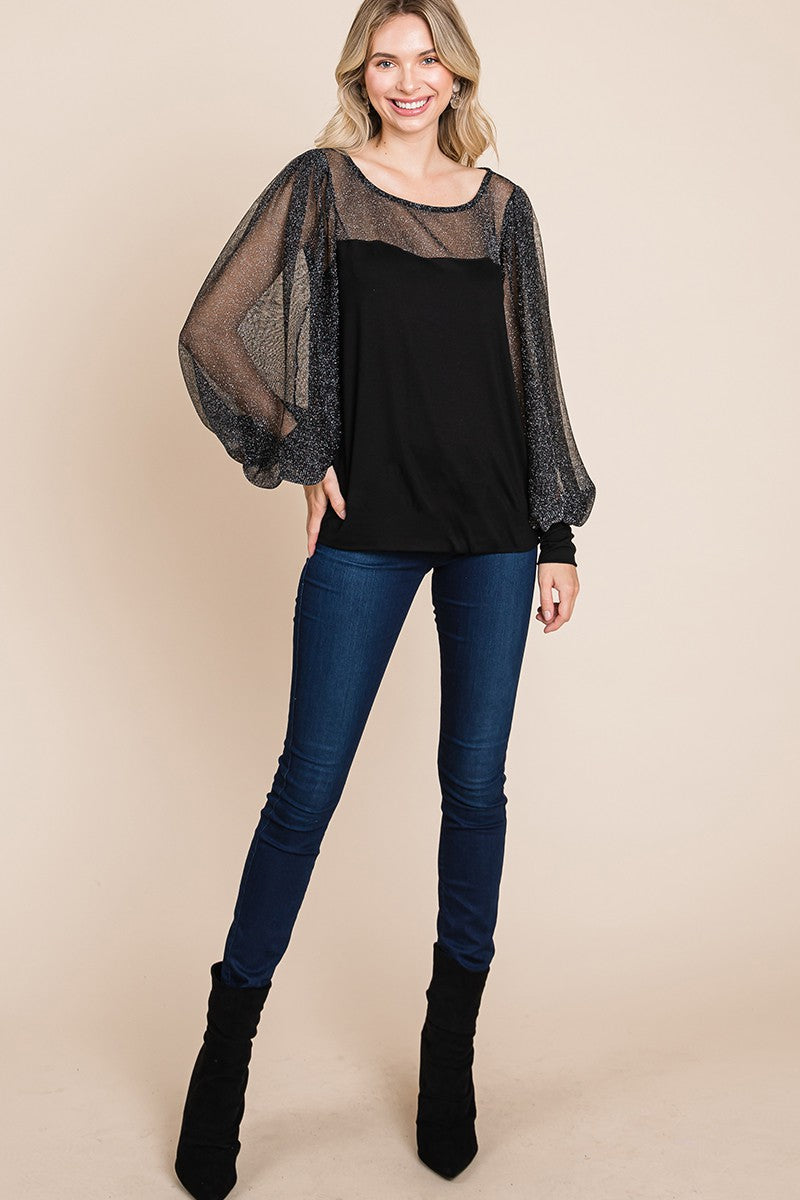 Ephemeral Grace Metallic Mesh Lantern Sleeve Blouse