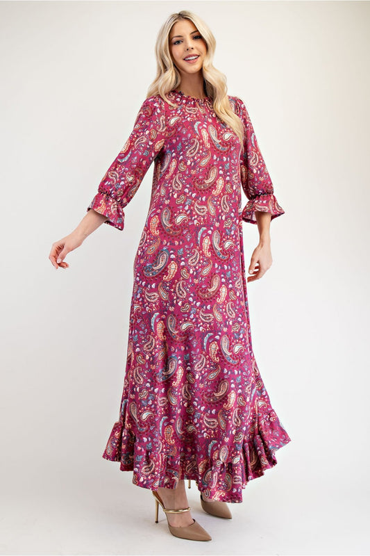 Whimsy Full Size Ruffle Hem Paisley Round Neck Dress