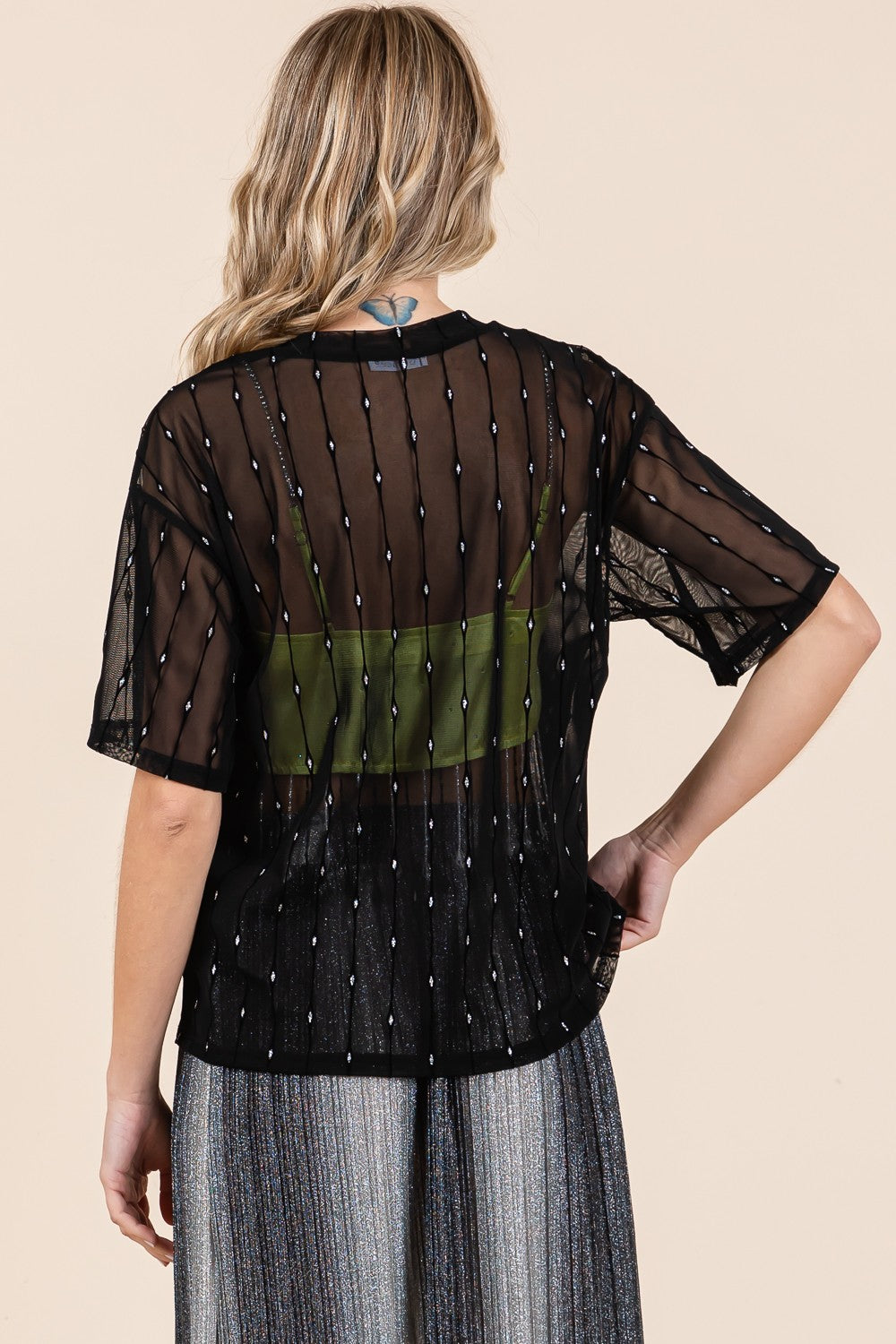 Sans Neck Drop Shoulder Mesh Glitter Top