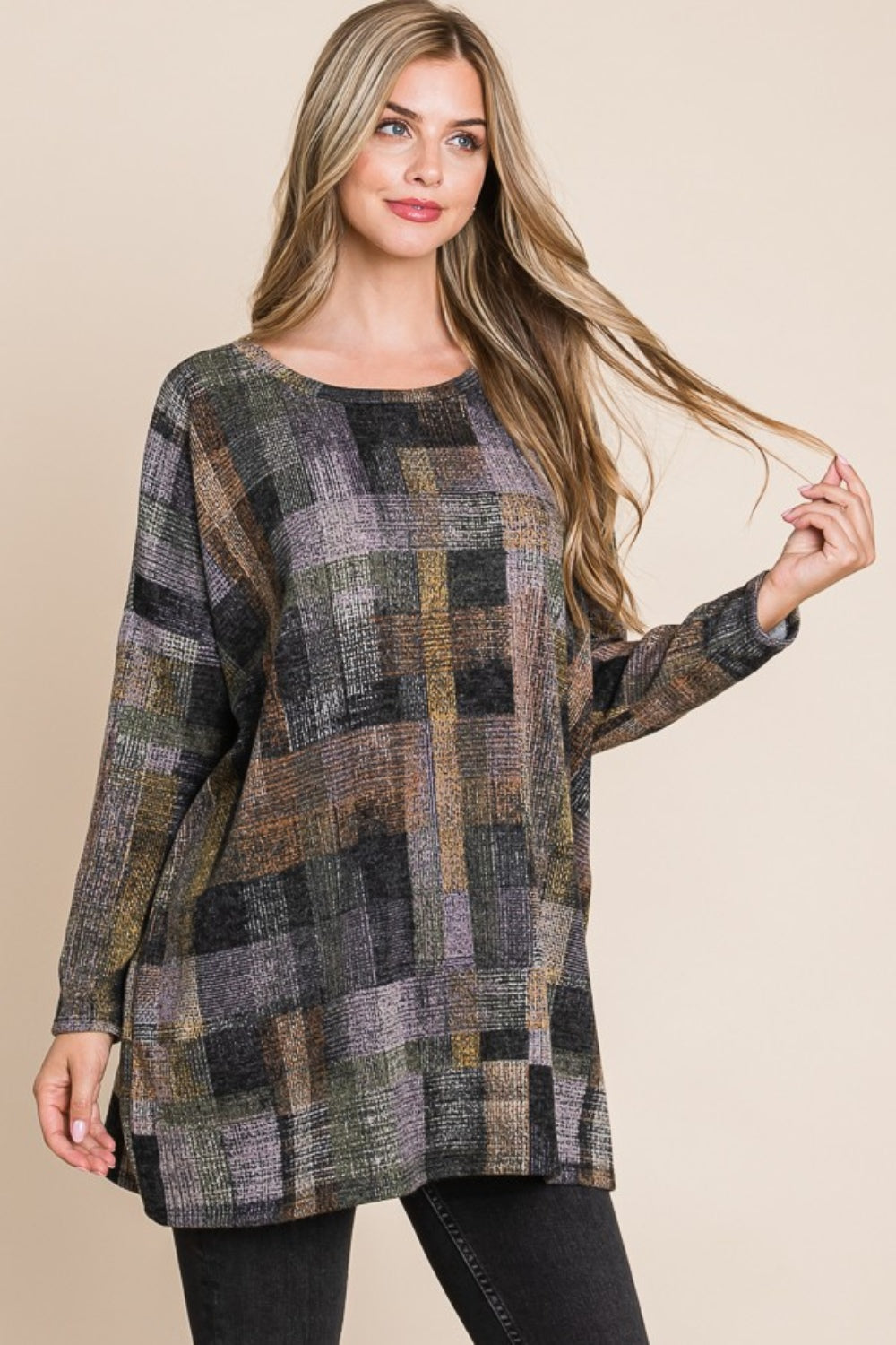 Effortless Elegance Plaid Round Neck Long Sleeve Top