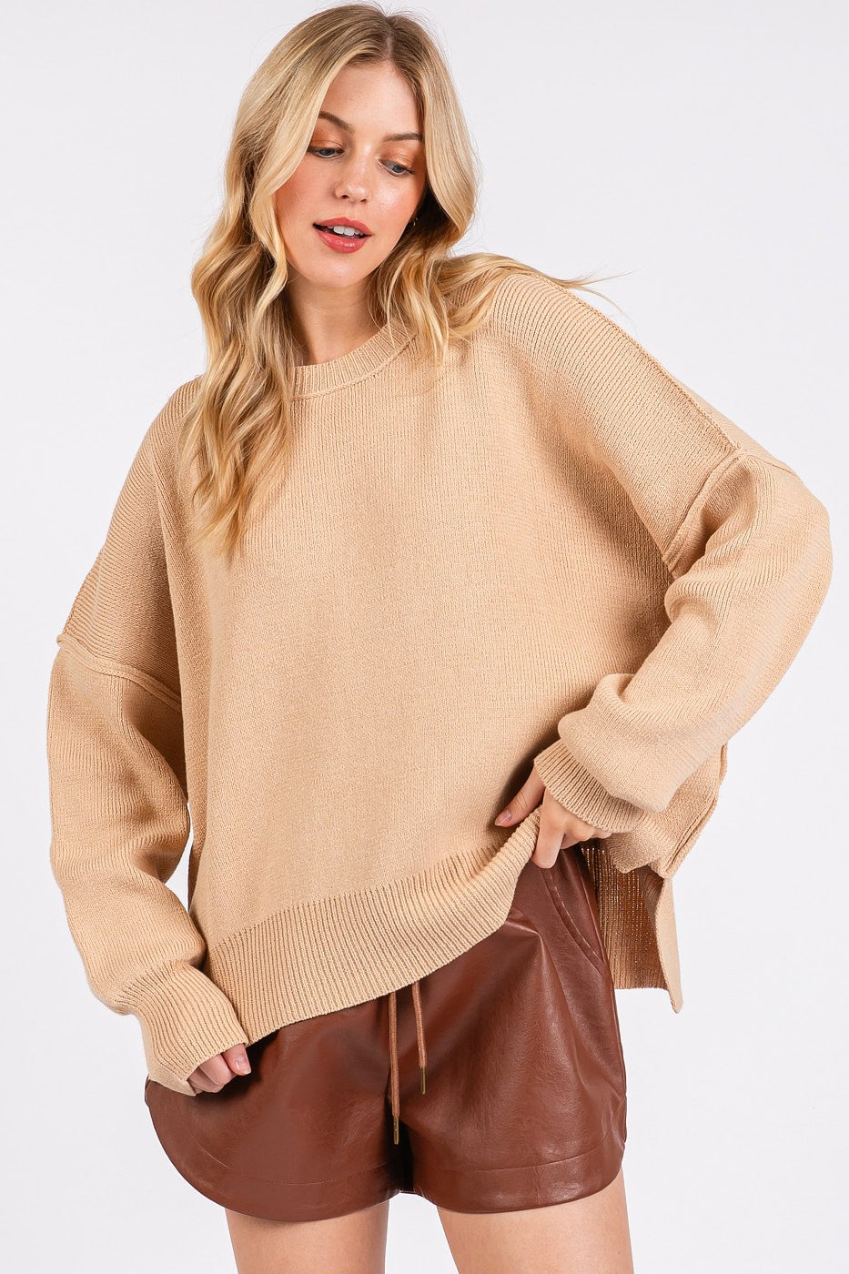 The Hand-Woven Side Slit Round Neck Drop Shoulder Sweater