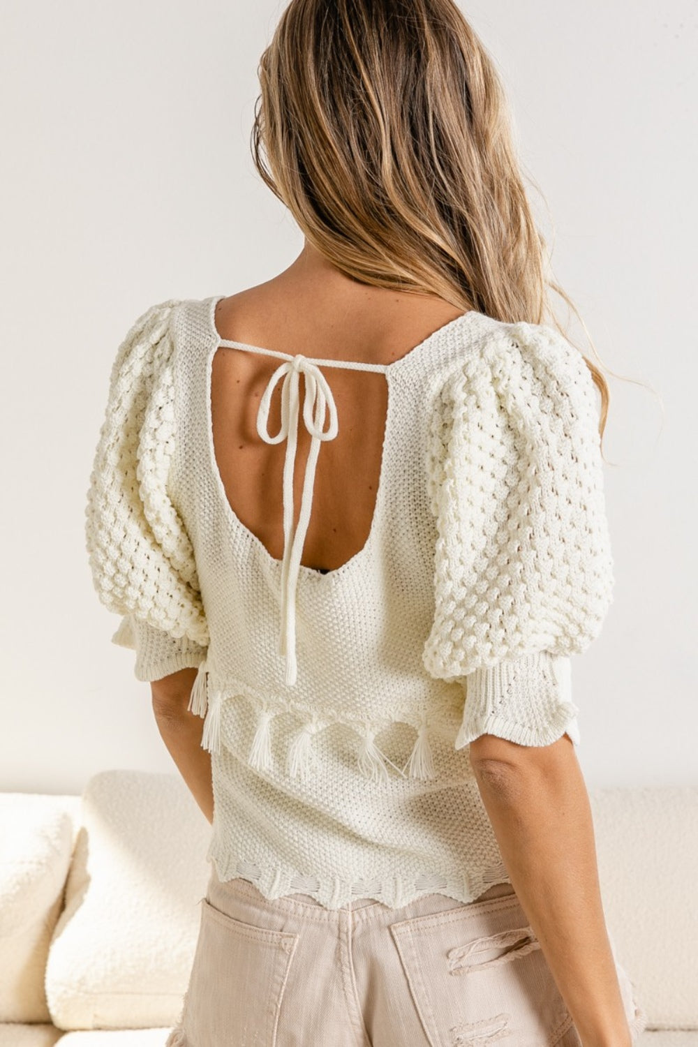 Crepe de Chine Tassel Detail Textured Square Neck Sweater