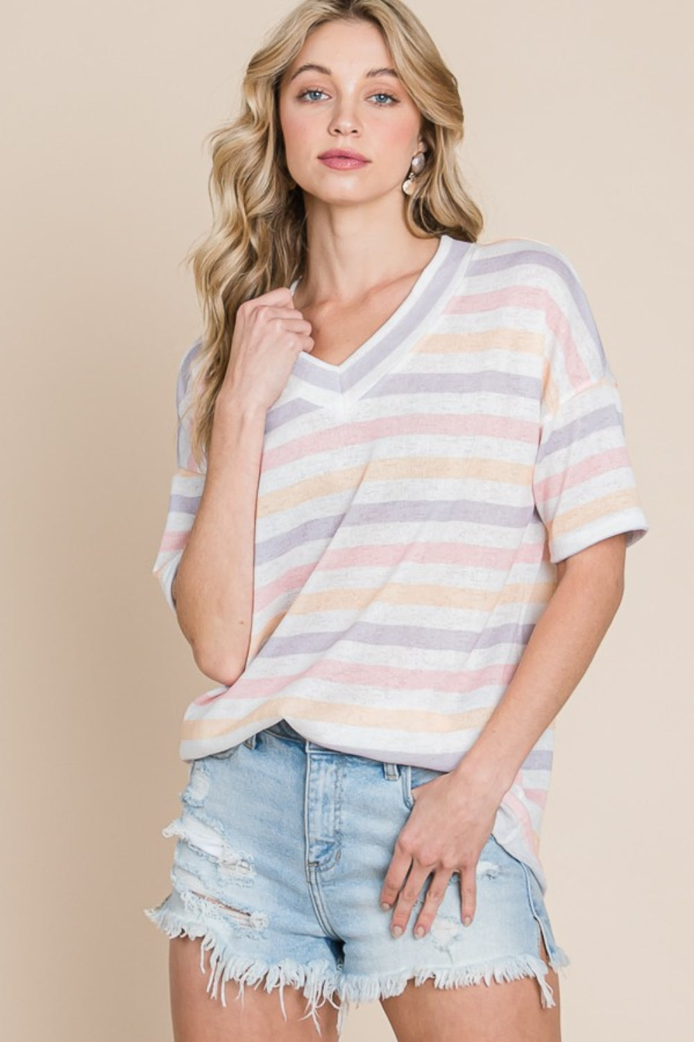 Soulful Bloom Striped V-Neck Short Sleeve T-Shirt