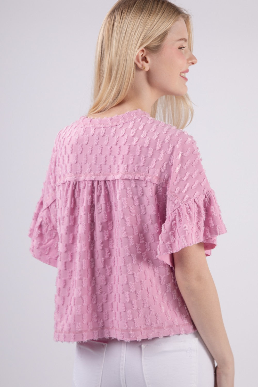 Sansy Full Size Texture Ruffle Short Sleeve Top