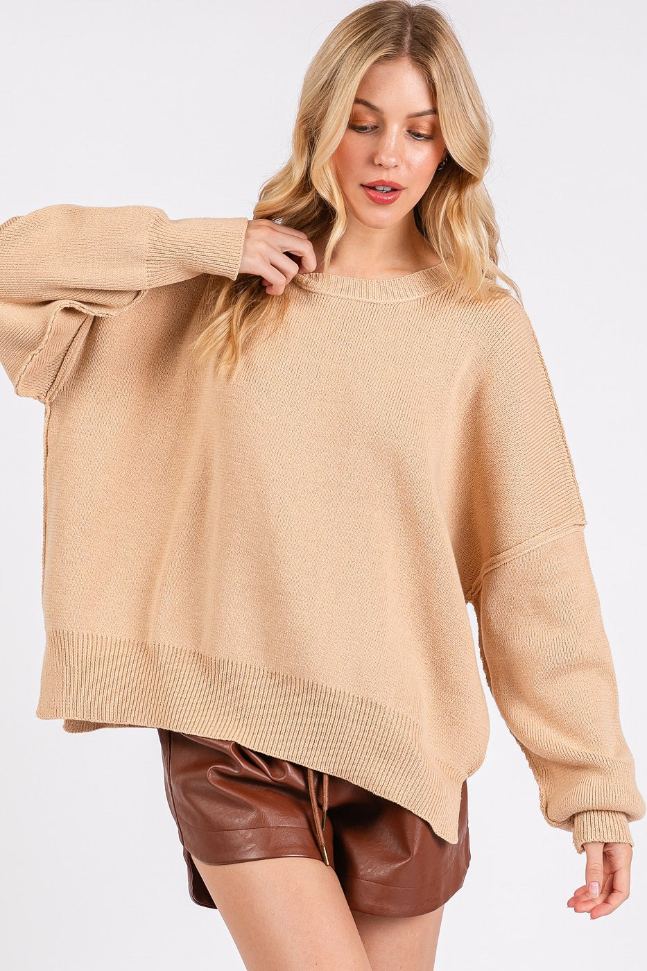 The Hand-Woven Side Slit Round Neck Drop Shoulder Sweater