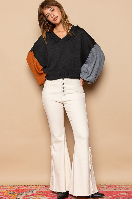 The Hand-Woven Exposed Seam Roll Edge Color Block V Neck Sweater