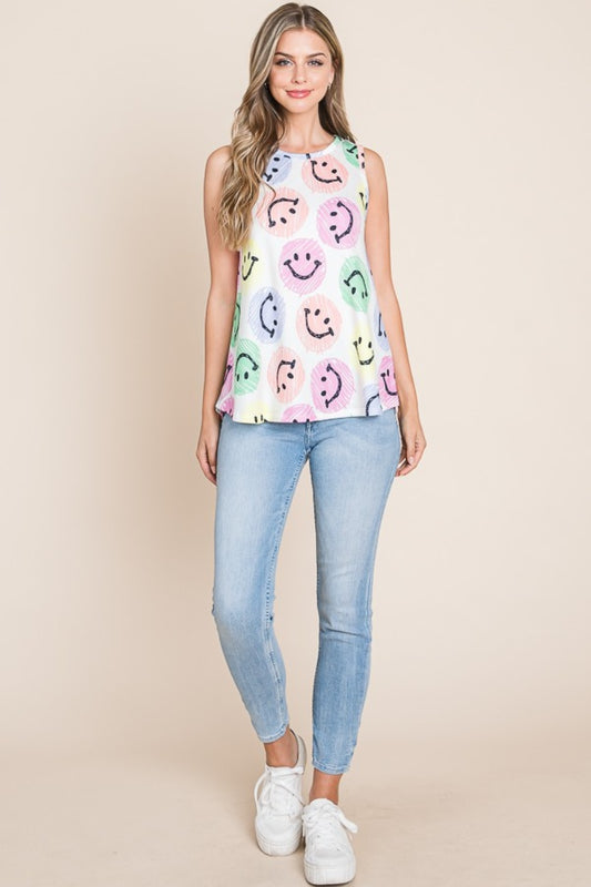 Sansplay Smiley Face Round Neck Tank