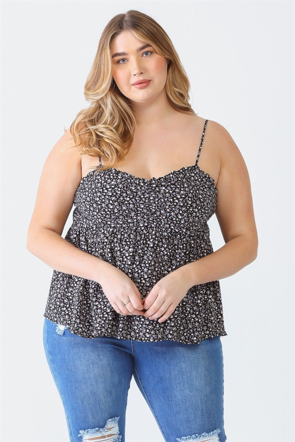 Sans Plus Size Frill Smocked Floral Sweetheart Neck Cami