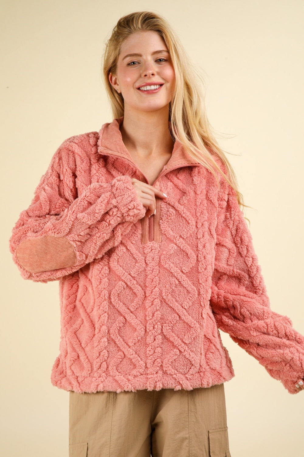 The Embrace Fuzzy Fleece Half Zip Cable Pattern Sweatshirt