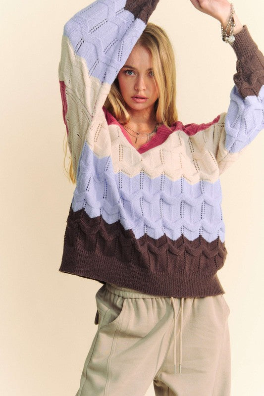 Wavy Texture Color Block V-Neck Sweater