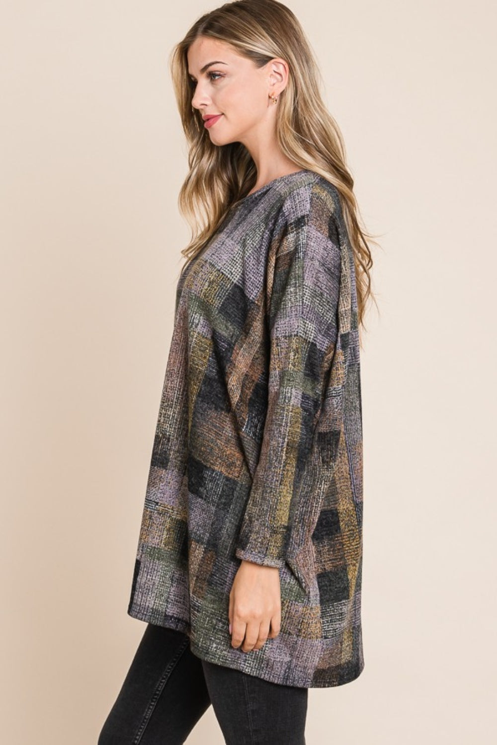 Effortless Elegance Plaid Round Neck Long Sleeve Top