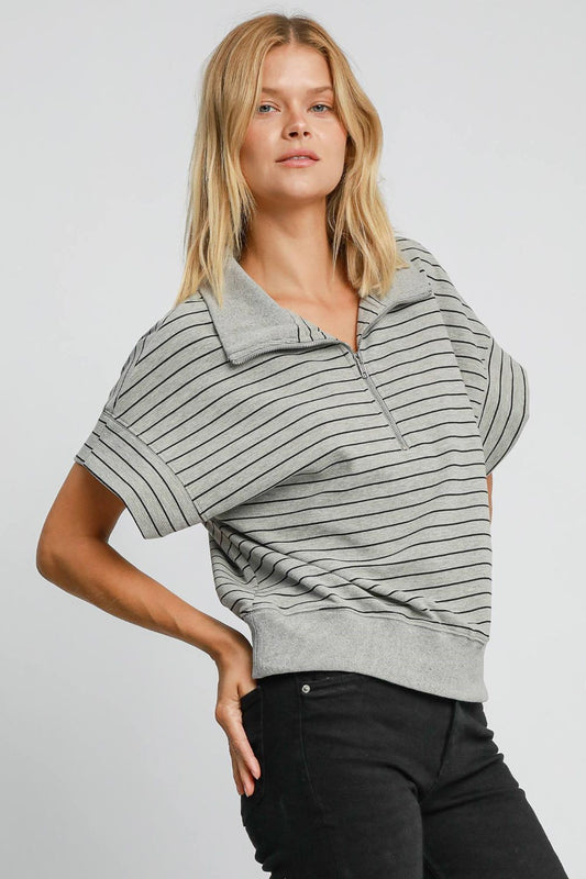 Crafted for Comfort Striped Half Zip Short Sleeve Sweatshirt