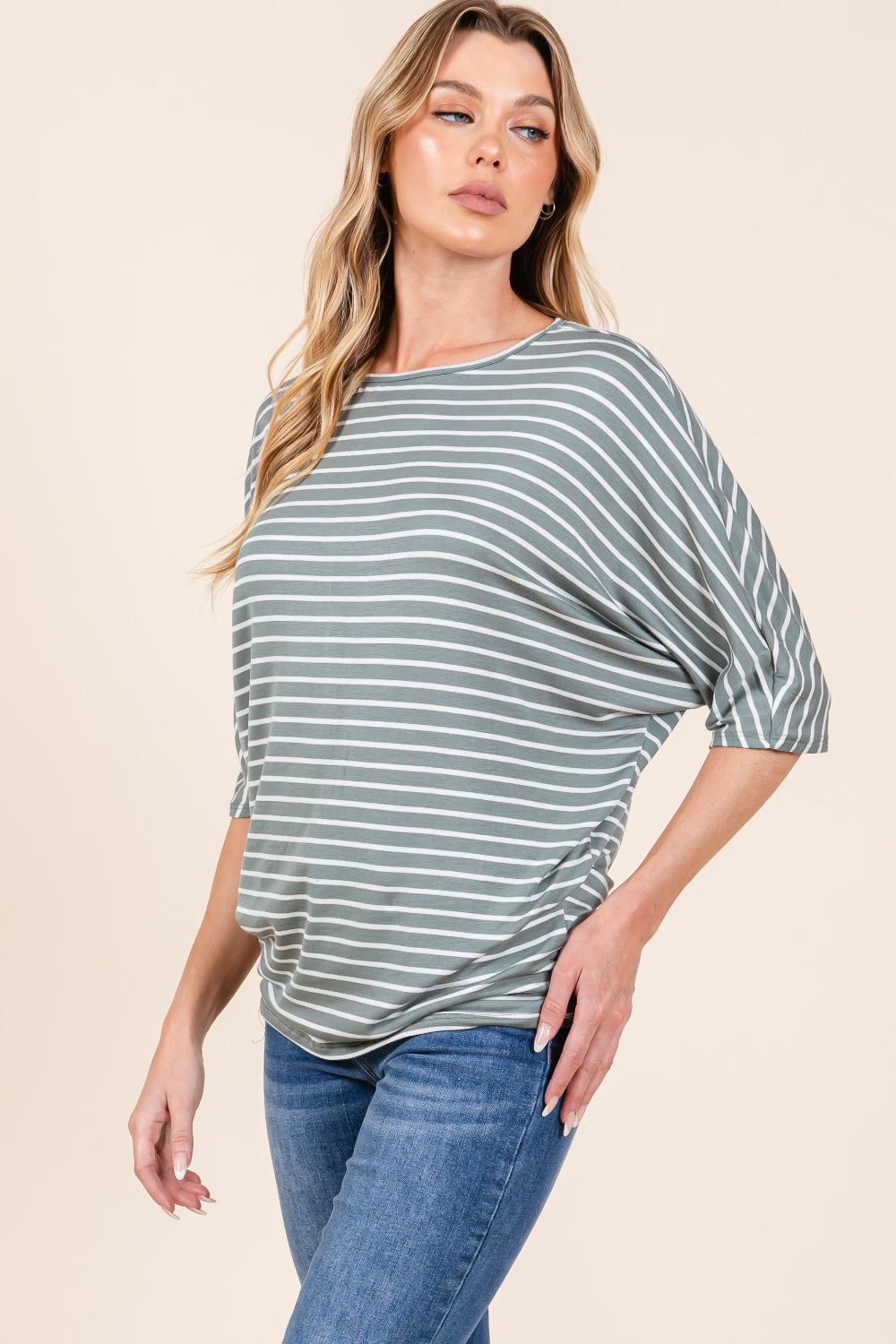 Crepe Contour Striped Boat Neck Dolman Sleeve Top