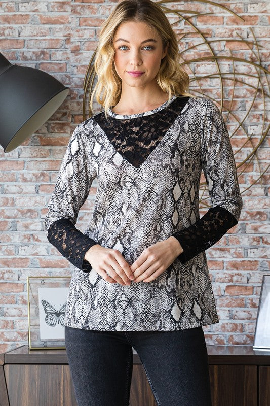 The Muse Snakeskin Print Round Neck Lace Contrast Top