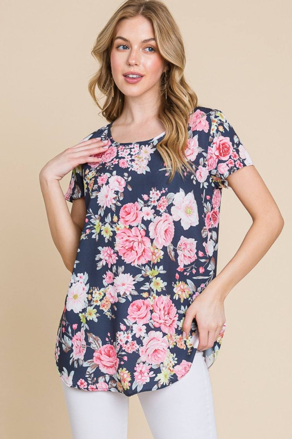 Crepe Contour Floral Round Neck Short Sleeve T-Shirt