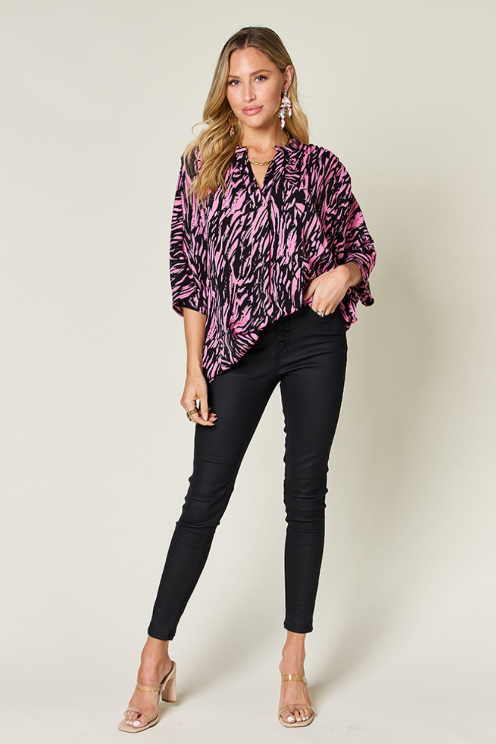 Full Size Printed Notched Three-Quarter Sleeve Blouse