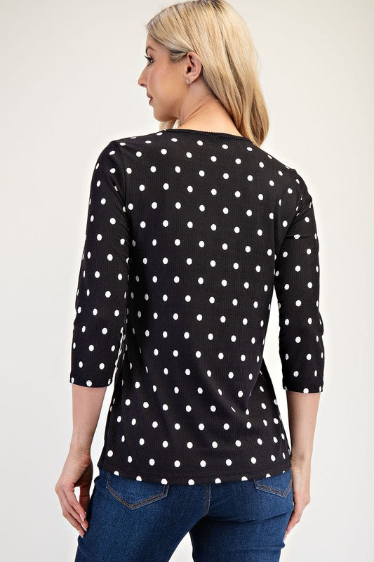 Polka Dot Round Neck Three-Quarter Sleeve T-Shirt