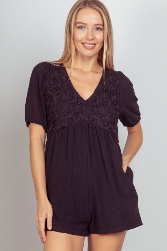 Wanderlust Wraps Lace Detail Puff Sleeve Romper with Pockets