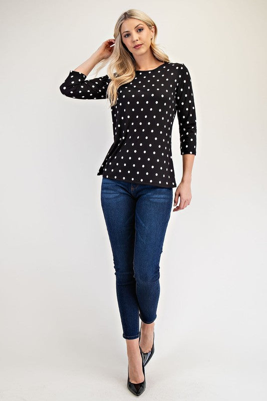 Polka Dot Round Neck Three-Quarter Sleeve T-Shirt