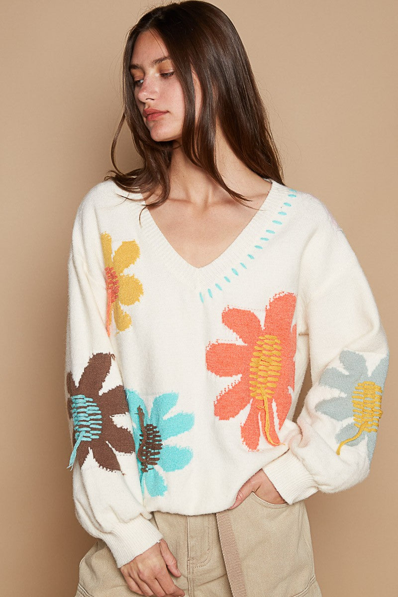 The Hand-Woven V-Neck Long Sleeve Flower Fringe Sweater