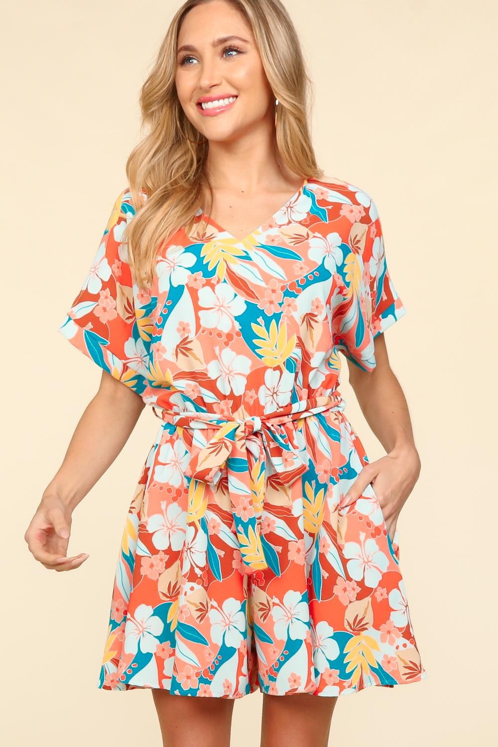 Sans Tropical Floral Short Sleeve Tied Romper