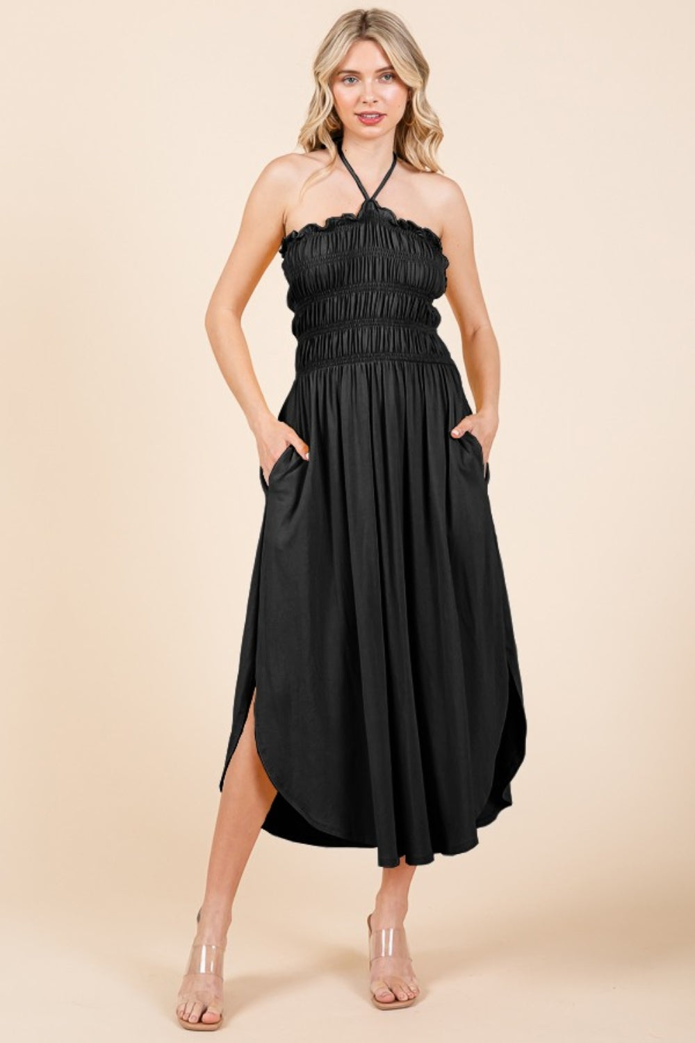 Moonlit Whispers Tie Back Shirring Dress with Pockets