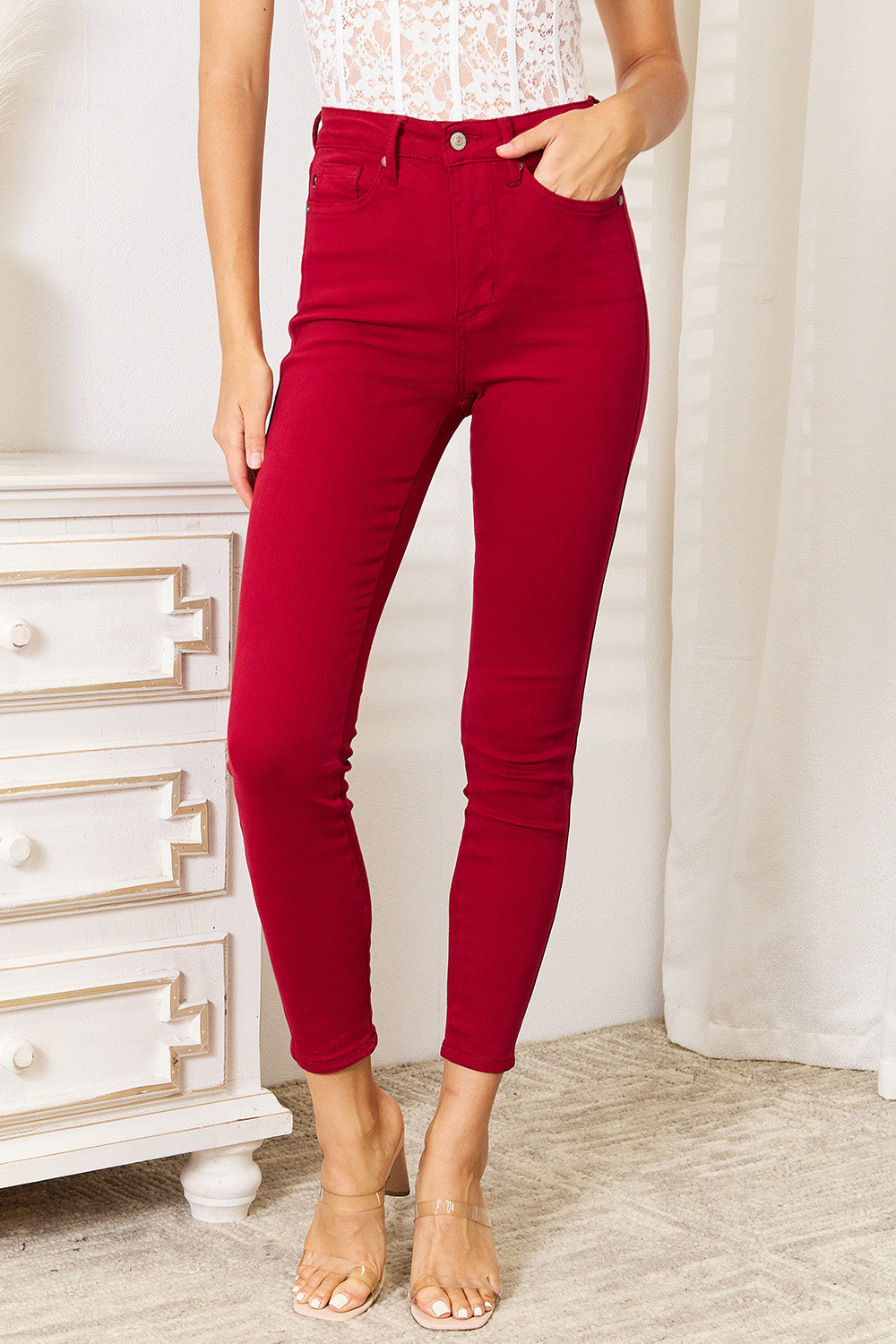 Red High Waist Tummy Control Skinny Jeans