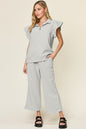 Texture Ruffle Short Sleeve Top and Drawstring Wide Leg Pants Set