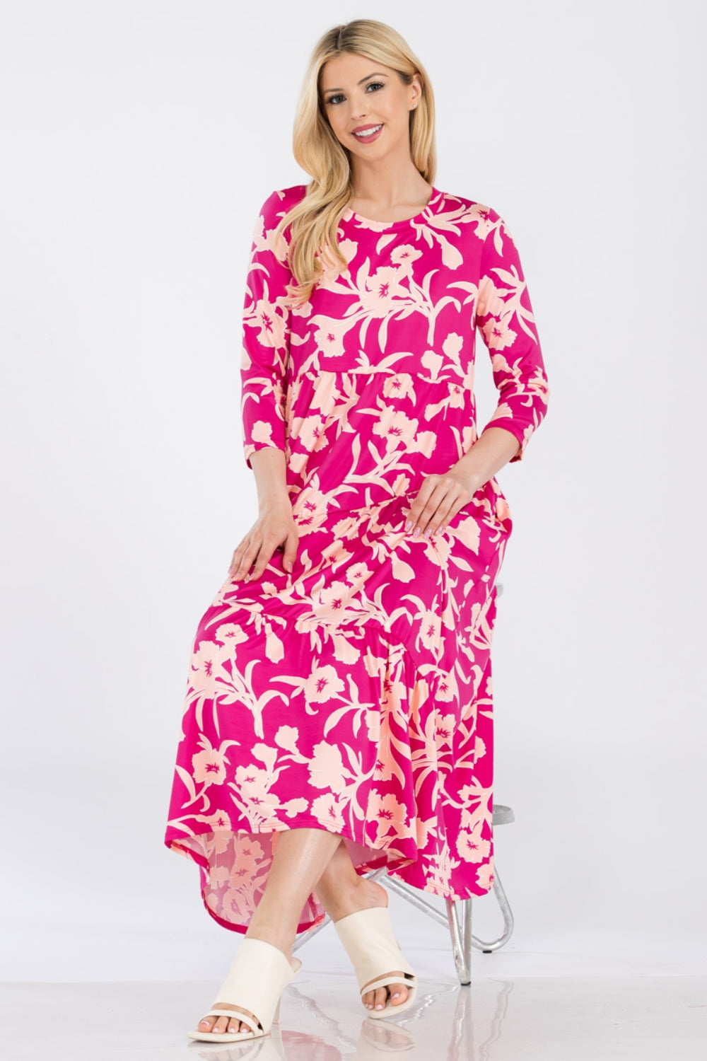 Cashmere Dreams Floral Round Neck Ruffle Hem Dress