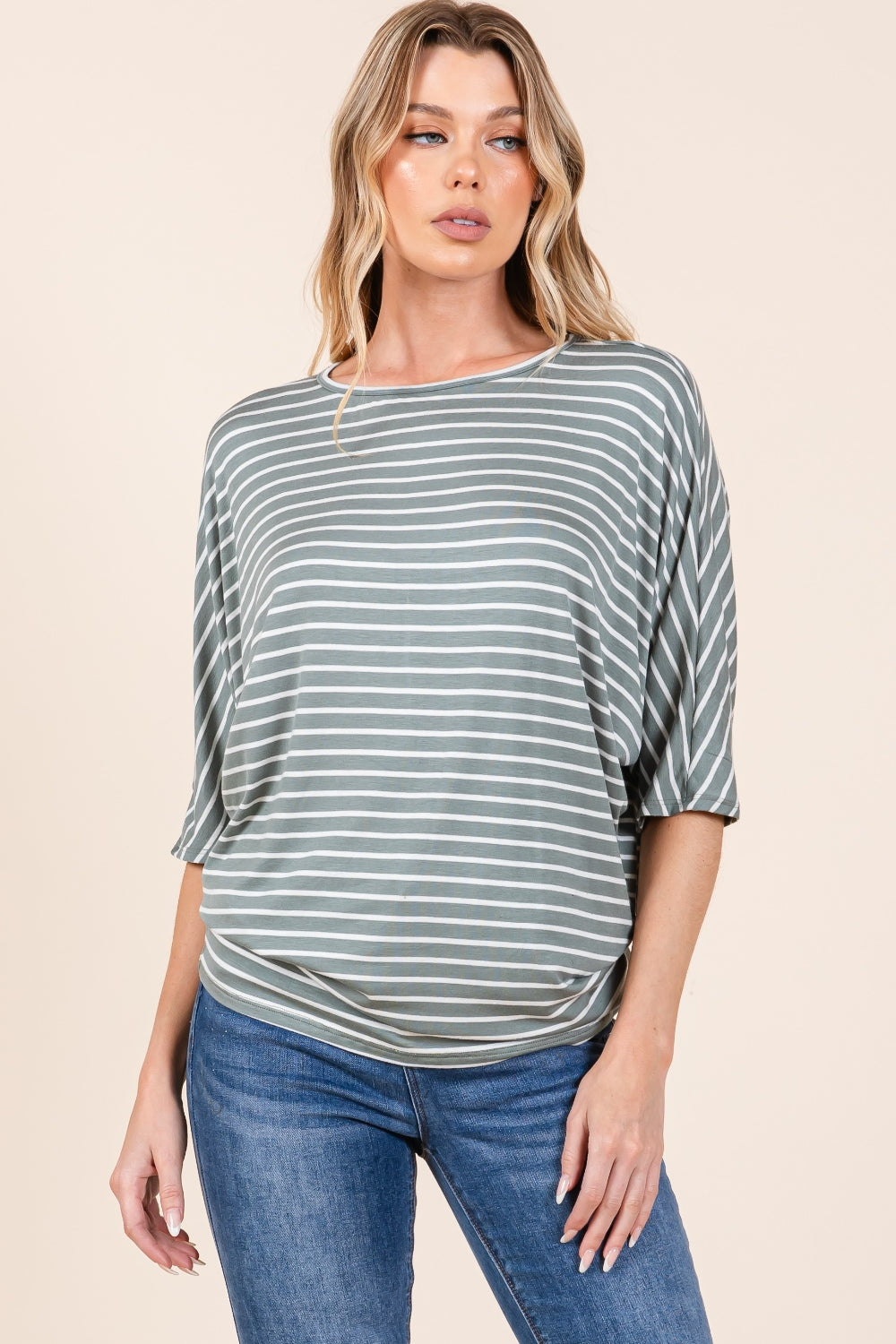 Crepe Contour Striped Boat Neck Dolman Sleeve Top