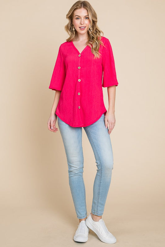 Sans Texture Decorative Button V-Neck Top