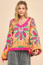 The Cozy Retreat Floral Contrast V-Neck Dropped Shoulder Sweater