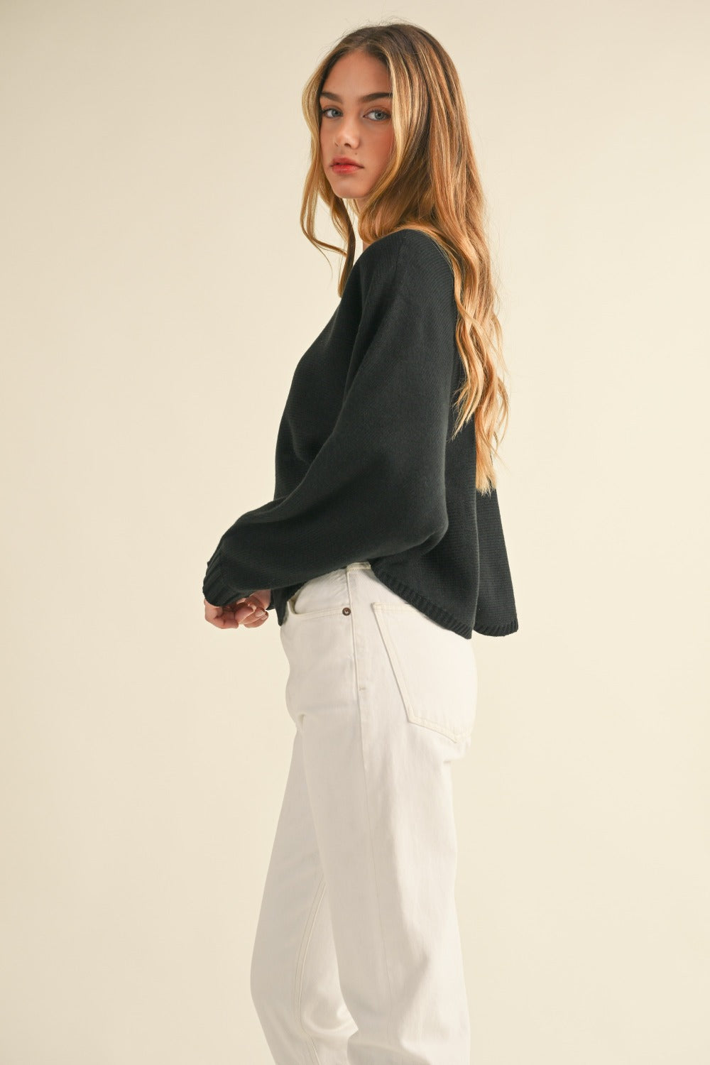 Sansplay Round Neck Dolman Sleeve Cropped Sweater