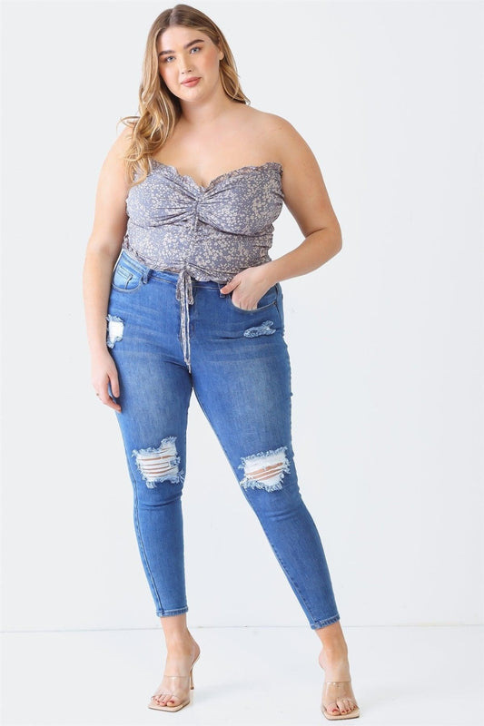 Sans Plus Size Drawstring Smocked Floral Tube Top