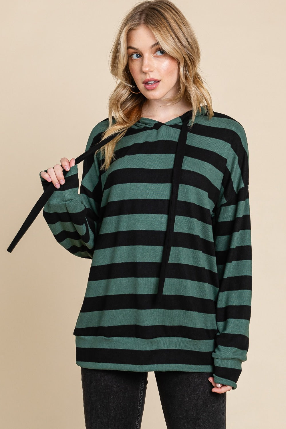 Serene Soul Drawstring Striped Dropped Shoulder Hoodie