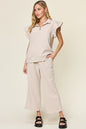 Texture Ruffle Short Sleeve Top and Drawstring Wide Leg Pants Set