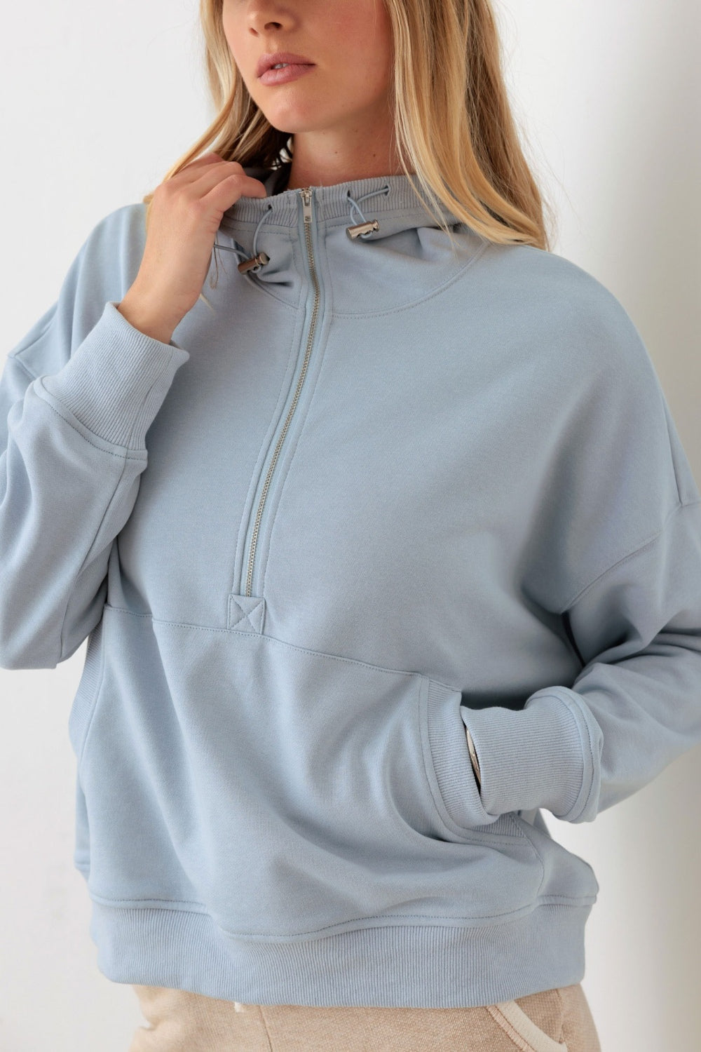 Warm Embrace  Half Zip Drawstring Mock Neck Hoodie