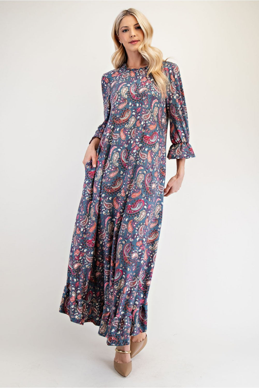 Full Size Ruffle Hem Paisley Round Neck Dress