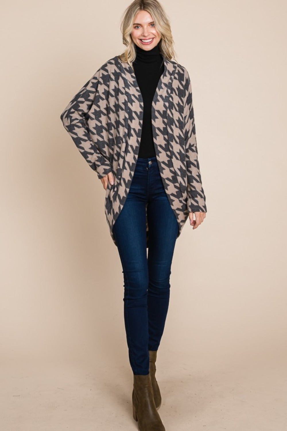 Sans Houndstooth Open Front Cocoon Knit Cardigan