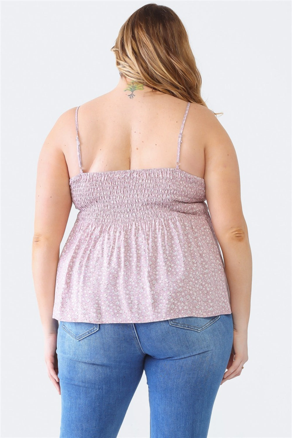 Sans Plus Size Frill Smocked Floral Sweetheart Neck Cami